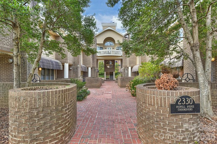 Charming 2 bedroom, 1.5 bath condo on quintessential Roswell Avenue in the heart of Myers Park. Quiet and private with new hardwood floors in the living room. Updated kitchen features new sink, faucet, dishwasher, stove, microwave, and added pull-out storage beside the refrigerator. Primary bathroom completed a $40K gut renovation. New vanity in downstairs half bath and new water heater. Enjoy outdoor living on the patio, perfect for grilling and entertaining. Includes an exterior storage closet and two dedicated parking spaces. Move-in ready in a prime location. Walking distance to Selwyn Pub, The Jimmy, shopping and more!