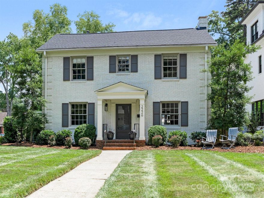 Classic 2 story brick Colonial on a great corner lot in the heart of Myers Park. The main level gets fabulous light through original windows and features traditional living and dining rooms, a cozy den with built-ins and fireplace, a family room with vaulted ceiling and windows on 3 sides, and a white kitchen with new quartz countertops. The spacious primary bedroom with dual closets and en suite bath is upstairs, along with 2 other bedrooms that share a hall bath and another bedroom on the back of the house with en suite third full bathroom. The charming fenced back yard includes a cute brick storage building and a lovely private patio accessible from the family room and den. Welcome home!