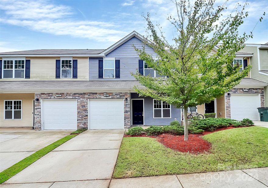 Attractive 2 Story Townhouse with Covered Front Porch Stainless Steel Appliances, Granite Kitchen Counters with Bar Top and open floor plan, great for entertaining. Hardwood floors in Family Room and Foyer with huge Hall Closet for extra storage and Half Bath on main level. Upper level has loft/play/exercise area and laundry room includes Washer/Dryer. Master Bedroom is spacious with adjacent office/nursery and walk-in closet.  Outdoor Pool pass. Located near Business Park, Dining, Shopping and i-485 and straight shot downtown in 20 minutes on Hwy 49/S. Tryon St. Convenient to Lake Wylie & Carowinds, 20 minutes to South Park!!   (Water & sewer is included in the rent.)