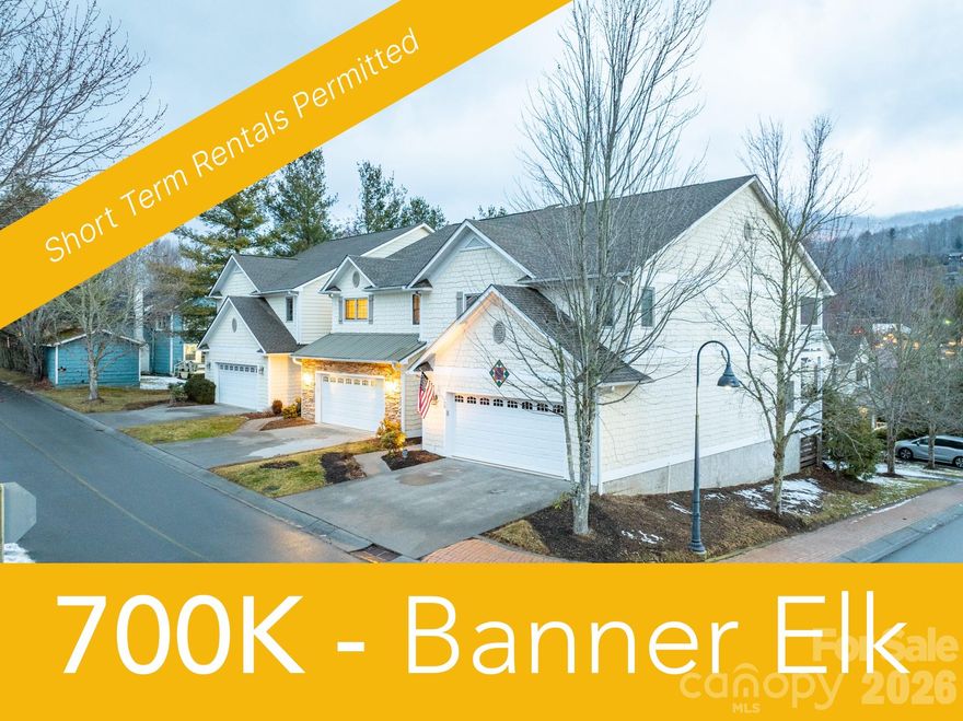 Fully furnished, Short term rentals allowed! Amazing Spacious Mountain townhome within walking distance to all of Downtown Banner Elk and Lees McRae College. This 3 Bedroom 2 and 1/2 Bath features a Foyer entrance with warm Wood floors opening up to the Living area on the main level featuring a Large Custom Stone Fireplace. There is also a Modern Kitchen which features granite and stainless steel amenities leading to a lovely dining area. A Huge Covered Deck on both the main level and upper level, lets you relax with Breathtaking Big Mountain views including a direct stunning view of Beech Mountain. There is a Half bath for guests to enjoy as well. The Second level features a Spacious Master bedroom with a large en suite bath featuring a personal Fireplace, jacuzzi tub and separate shower. The Master bedroom also offers a walk-in closet and a personal covered deck area. On this level there are 2 additional large bedrooms with another bathroom. And an Oversized 2 car garage which offers plenty of space for your vehicles and enough extra space for a shop too. New roof in 2020. Come take a look before it's sold!