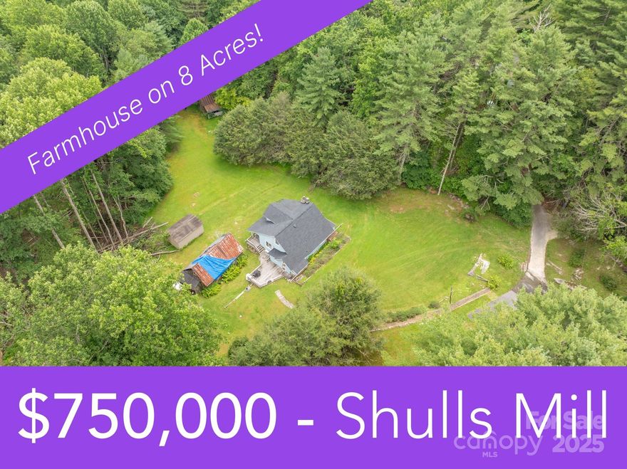 Beautiful farmhouse on 8ac - prime for a developer, unrestricted land! The land is gentle and there's a rushing creek at the bottom of the property. Simple a one of a kind opportunity minutes from downtown Blowing Rock. Farmhouse is has been well maintained. New roof in 2025. Mini Splits added throughout home in 2025 as well. Road will need to be constructed off of Shulls Mill Rd. Home doesn't have connection to shared well after Helene. No water currently, well needed. Come take a look at this mountain gem!