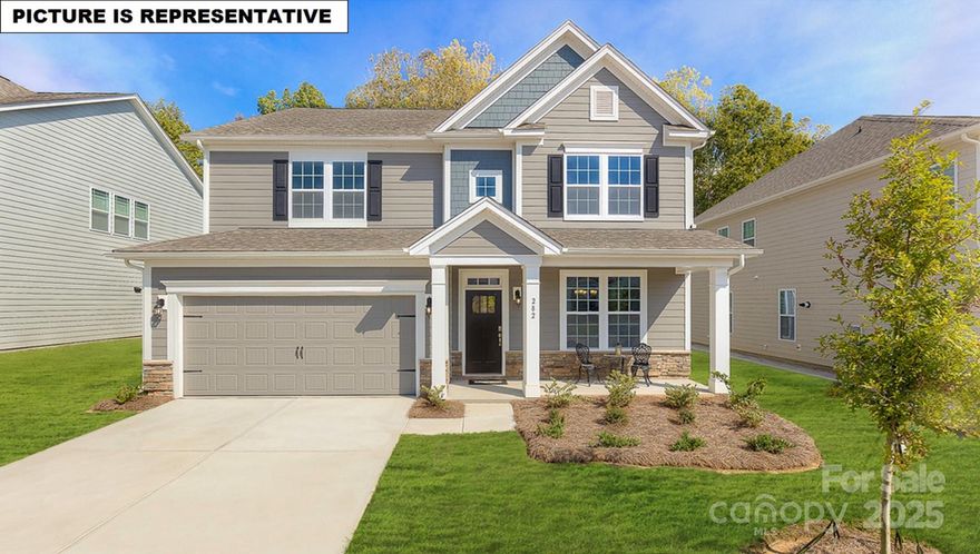 Our popular Hampshire floor plan lots of upgrades! Beautiful dining room with coffer ceiling connected to Gourmet Kitchen by LARGE Butler’s Pantry and furnished with White Cabinets, Quartz Countertops, Double Wall Oven, Large Island, and Gas Cooktop, all opening to a breakfast area and family room with gas fireplace. A guest bedroom with a walk-in shower also offers the perfect setting for visitors on the main level. The top of the staircase opens to a very large loft area, two secondary bedrooms, full bath, and generous laundry room. Spacious primary bedroom with highly sought-after sitting room and spa-like bath with soaking tub AND oversized shower, separated vanities and HUGE walk-in closet. Minutes from Lake Norman State Park and quaint downtown Troutman, you will never be too far from home with our industry-leading suite of smart Home Is Connected® products, keeping you connected with the people and place you value most.