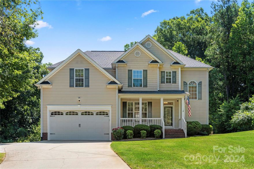 Back on Market, no fault of the seller. This meticulously maintained 4 bedroom home is situated at the end of a cul-de-sac road, and offers an amazingly private setting on a large lot. Enter under the huge covered front porch where you can imagine sitting relaxing and sipping sweet tea. You will fall in love as you walk through the front door to a large bright and spacious floor plan that gives you all the room you need. On the first floor you will find a sizable formal dinning room, breakfast room, two story great room, an amazing entertainers kitchen, and a full guest suite. On the upper level find your spacious Primary suite fitted with tray ceilings, spacious sitting room and plenty of natural light in the spa-like master bath. Upstairs you will also find 2 additional bedrooms, a long hallway and a spacious laundry. If outdoor living is what you want, you got it here with a huge deck, separate fire pit area, an awesome play set and a huge storage shed. Convenient location.