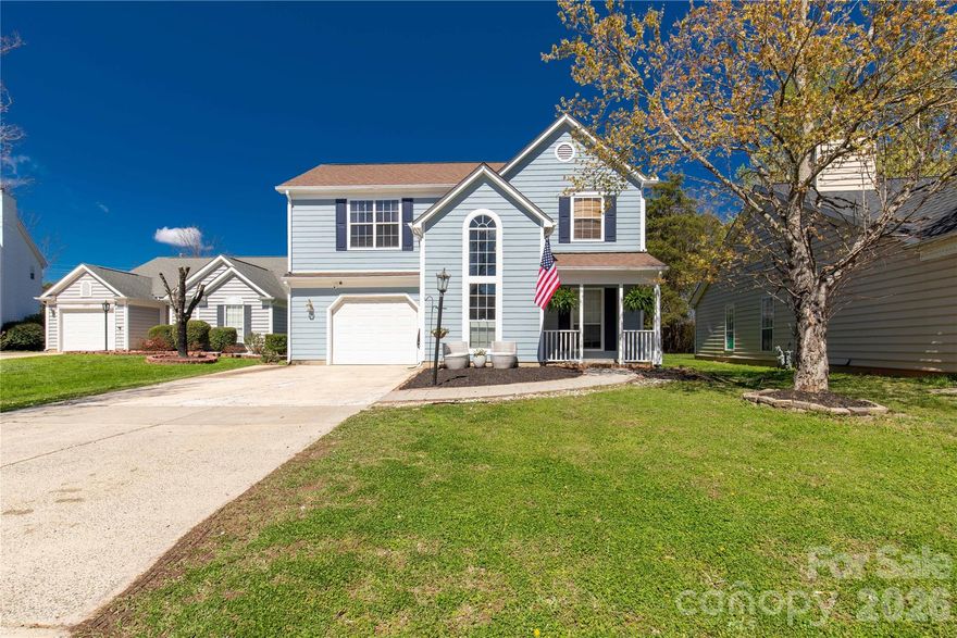 Spring into this cozy home in a wonderful southwest Charlotte location! This highly sought after neighborhood has wonderful amenities and is near Carowinds, with easy access to I-485, I-77, the outlet malls, the airport, and downtown. This adorable home is conveniently located in a cul-de-sac and has a fenced in yard, both great safety features for anyone playing outside. Step inside the front door and be impressed by the 2-story foyer and great room. It offers a formal DR and an eat in breakfast area. Tiled kitchen and breakfast area, a breakfast bar and stainless steel appliances. Owner is leaving the refrigerator which is a nice buyer bonus. The huge vaulted great room will accommodate large furniture and is full of light with it's tall windows. The gas fireplace is a must have in the winter time.  Upstairs you will find a vaulted primary bedroom with its own ensuite bath, and a spacious walk-in closet. Two other nice size bedrooms with ample closet space as well. Ceiling fans in all bedrooms, and home was freshly painted a few years ago.