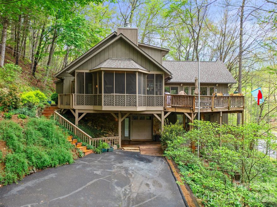 Beautifully renovated home positioned strategically on a hill above a babbling brook creating a peaceful home retreat. Property has perfect wooded surroundings and carefully planned landscaping woven along the driveway and cleared paths which complements the home in order to keep it natural and to eliminate any need to mow. Several outdoor spaces surround the home including a exterior hot tub with privacy fencing, screened porch with built in tv screen and open deck for grilling and covered decking outside of the basement level recreation room. The home has had many renovation projects including an addition of large great room overlooking creekside, totally renovated kitchen and new roof, gutters, HVAC furnace, Painted walls. Enjoy the neighborhood park across the road or fish  the stocked rainbow fish pond or the beautiful South Toe River all within walking distance of the home. Located in Yancey County home to 10 of the highest peaks East of the Rockies which inspire the areas numerous artists.