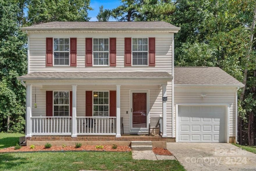 ***HOME DOES NOT BELONG TO THE HOA*** Nestled in the charming Cambridge Commons subdivision of Charlotte, NC, this inviting 3-bedroom, 2.5-bath home offers a serene retreat on a tranquil cul-de-sac. The property features a one-car garage and a cozy rocking chair front porch, perfect for enjoying your morning coffee. Inside, the open floor plan is bathed in natural light, enhancing the welcoming atmosphere. With a spacious living area that seamlessly connects to a large back deck, you can enjoy picturesque views of the surrounding woods. Set on just over an acre, this home combines comfort and privacy, providing a perfect escape in a well-established neighborhood.