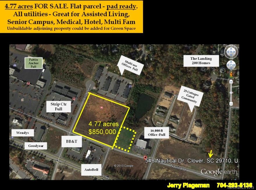 Cleared, flat parcel in middle of Commercial Subdivision. Perfect for Senior Campus, Assisted Living, Hotel, Multi Family, Strip Center, Medical facility, Dollar Store, Office. All utilities, storm water drainage in place. New Publix under Construction within 100 yards. 30,000 cars per day on Charlotte Highway one row up. WalMart and Lowes within qtr mile
