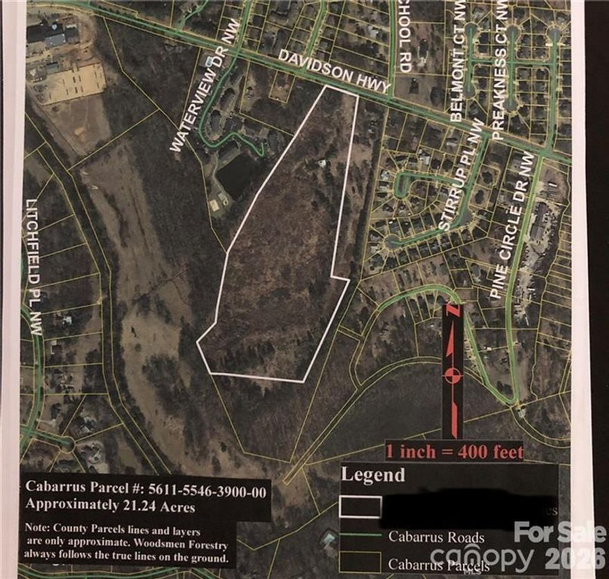 21.24 Acres with endless potential! Located right off Davidson Highway in Concord, N.C. Currently approved by the City of Concord for a 99 unit townhome community. Sewer allocation has been secured! Proposed project includes parcels 2821, 2801, 347, 2745 Davidson HWY & 1000 Pine Circle Dr! 
The property has an area with trees & some cleared area. Old barn/workshop structure located on the property. Suffered fire damage several years ago. Perk Test, Survey, Title Search, TIA, etc all completed by previous buyer(s). Currently in the forestry program, and can be transferred! Transfer deadline is early January 2027! Property is subject to road expansion on Davidson Highway around 2028!