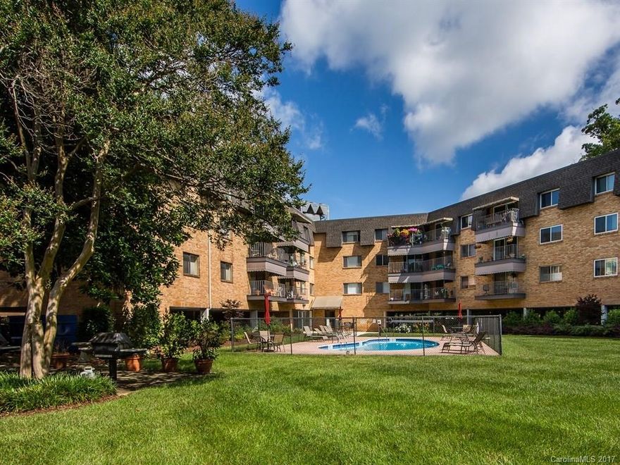 Location, location, location! Updated 2 BR/1.5 bath in the heart of Myers Park! 5 minutes to uptown! Walk to Harris Teeter, Starbucks, Myers Park shops/restaurants & close to Novant & CMC hospitals. Gleaming cherry hardwoods throughout most of condo except tile in kitchen & baths. Custom crown molding & baseboards! Updated light fixtures. Large great room with access to covered terrace that overlooks trees! Laundry room per floor - one is close to unit. Secured building! Pool & storage unit!