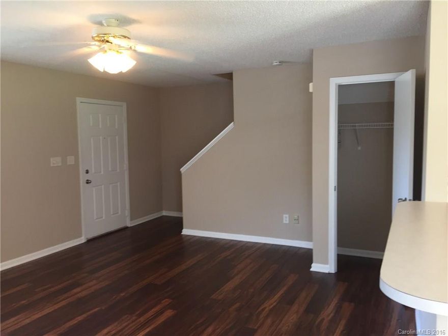 Beautiful small house in the cul-de-sac; open layout; brand new laminate flooring in all first floor; gas fireplace in the great room;breakfast bar; Double door with water dispenser refrigerator; Dishwasher; Microwave; elegant master suite with Walk-in closet and ceiling fan; spacious wooded backyard. Community includes Club House, Playground, Swimming POOL, picnic tables; Volleyball and Tennis court ; Recreation Area; close to I- 485. Tenant is responsible for all utilities and yard maintenance