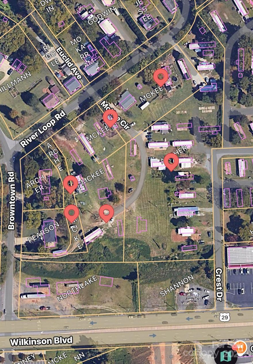Six parcels currently used as a mobile home park, owner only owns the land and the stick build home. 
MHP uses several septic systems and several shared wells. 
Ideal for redevelopment high traffic area within Belmont City limits.  Located right off Wilkinson Blvd and I 85.