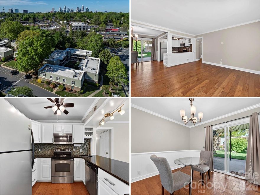 Welcome to Dilworth living at its finest for under $300K! Nestled in one of Charlotte's most beloved neighborhoods, this 2 bed, 1.5 bath main-level condo puts you at the center of everything, without sacrificing the charm & comfort of home. Step inside to just under 900 SQ FT of thoughtfully updated space featuring scraped prefinished hardwood floors, crown molding throughout, & an open floor plan that simply feels good to be in. The updated kitchen impresses with granite countertops, stainless steel appliances, a tile backsplash, & a breakfast bar perfect for your morning coffee. Both bedrooms offer NEW carpet & the bathrooms have been beautifully refreshed with updated vanities, tile floors, wainscoting, & a tile-surround shower. Unwind on your spacious patio overlooking a serene courtyard or enjoy exclusive access to one of only four community garden spaces in the complex. And then there's the location! Step outside and you're across the street from Ru San's, Kudzu Bakery, Fiamma Ristorante, shopping & more. Freedom Park and the Little Sugar Creek Greenway are just 1.0 mile away, along with the beautifully renovated Independence Park with views of Uptown (2.4 miles away). South End is 1.6 miles. The Montford dining scene & Park Road Shopping Center sit 2.0 miles out. Uptown Charlotte is only 3.0 miles away, South Park 4.1 miles, & CLT Airport just 6.6 miles, making every corner of the city effortlessly within reach. This is Charlotte living!