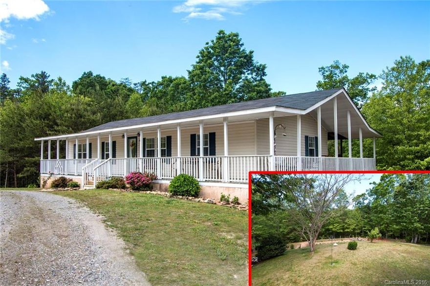 Affordable Lake Lure living CAN BE A REALITY! Well maintained 3BR, 2BA home on 3.59 acres with SPECTACULAR OUTDOOR LIVING AREA!  Features one-level living, almost level entry, wrap around covered porches on three sides, open spacious living room with fireplace, formal dining room, breakfast bar, split bedroom plan, master bedroom has private bathroom, laundry room, circular drive.  Amazing outdoor living with tiered BIG back yard with grass, partially wooded, picnic bench area next to fire pit!