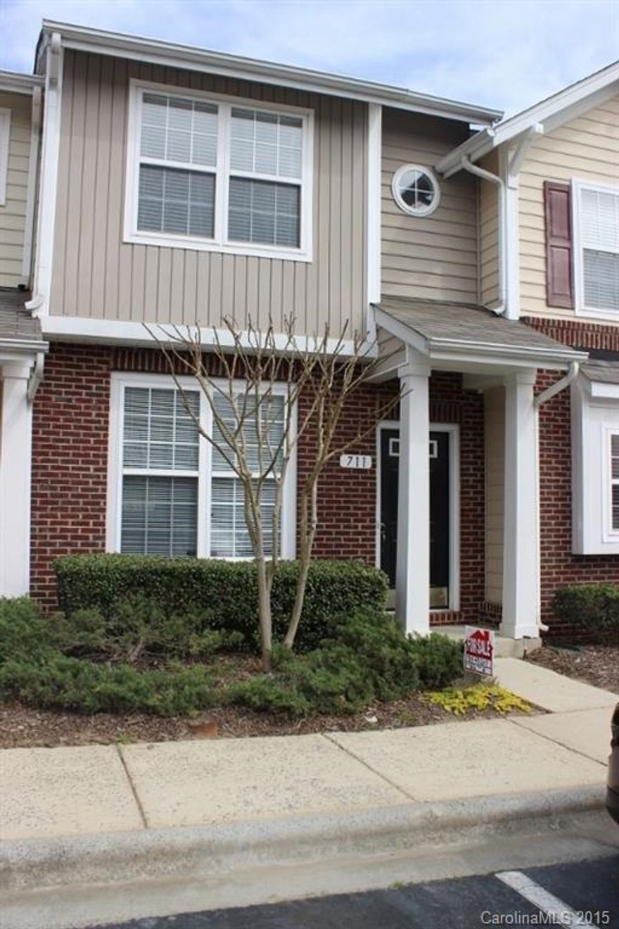Open floor plan downstairs + gas fireplace + 1/2 bath. Full kitchen opens up to fenced backyard. Upstairs master bedroom + vaulted ceiling + walk-in closet + full bath. Second bedroom + full bath upstairs. Minutes from I-77, community pool.