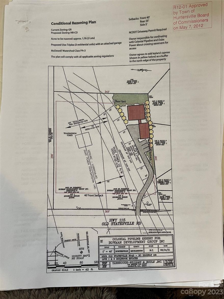 This price includes 2 large lots, 12031 and 12101 Old Statesville Rd.  Plans are complete and approved by Huntersville for a duplex and a garage apt. Drawings must still be stamped for the garage apt. The area where the structures will be located, according to our plan has a silt fence around it. Lot is across the street from elementary school and close to 2 other schools.  There is a tower on the lot closest to the road.  Great rental income potential on 3 units!