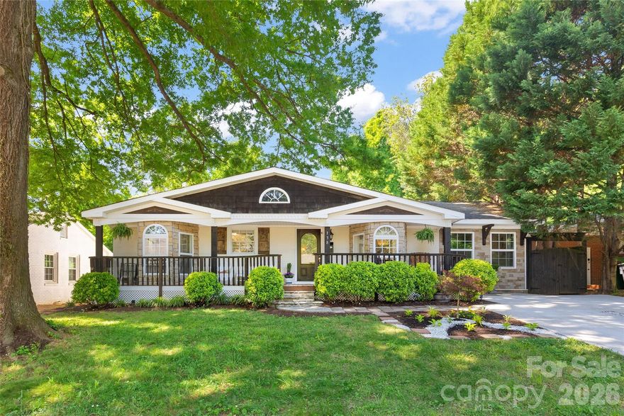 Move-in-ready, single-story home designed for seamless indoor-outdoor living in sought-after Chantilly! Nestled on a 0.3-acre lot surrounded by mature trees and scenic outdoor spaces, this 4 bed / 2 bath has been lovingly maintained and is ready for a new owner. The rocking chair front porch immediately welcomes you and invites you inside to the entry and living room where custom built-in bookshelves add both character and functionality. The classic kitchen features timeless neutral cabinetry, granite countertops, and effortlessly flows into the open-concept dining and family room, which offer ample space for everyday living and entertaining. The generous primary suite is a peaceful retreat, separated from the additional bedrooms for added privacy, and boasts an en-suite bathroom. The three additional bedrooms are well-appointed with great storage, have abundant natural light, and share access to a full hall bathroom. French doors at the back of the home lead to a tranquil screened-in porch, creating a perfect transition to outdoor living, and the lush backyard complete with a fire pit, functional storage shed, and side yard ready for recreation and relaxation. Located on a no-outlet street just steps from Chantilly Park and the Ecological Sanctuary, you'll love this home's highly walkable location and close proximity to restaurants and shops in neighboring Elizabeth and Plaza Midwood.