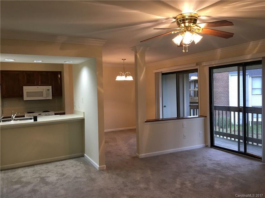 Brand new carpet & pad, fresh paint throughout, clean and ready for quick close! NO popcorn ceilings! All removed!  Open floorplan w/fireplace in LR. Washer/Dryer & frig to remain! Spacious bedrooms and bathrooms. Nice covered porch off back overlooking grassy area. Storage closet off porch.  Excellent location off Johnston & Carmel. Convenient to shopping, restaurants and I-485.