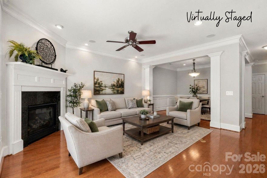 Welcome to Beacon Knoll Villas, a private gated community offering a low-maintenance lifestyle with resort-style amenities including a pool, clubhouse, tennis/pickleball courts, scenic lake, and more. Ideally situated on a quiet interior street just steps from the neighborhood lake, this beautiful 3-bedroom, 2.5-bath brick townhome offers peaceful surroundings and stunning sunset views right outside your front door.

Inside, hardwood floors flow throughout the main level, where you'll find an inviting living room with a cozy gas fireplace, formal dining room with elegant chair railing, and a spacious kitchen featuring granite countertops, classic wood cabinetry, breakfast area, and generous bar seating—perfect for everyday living and entertaining.

Enjoy relaxing evenings on the private brick patio, offering the perfect outdoor retreat.

Upstairs, the spacious primary suite features a large walk-in closet, dual vanity, and jetted soaking tub. Two additional bedrooms and convenient upstairs laundry complete the second floor.

Recent updates include fresh interior paint (2025) and a new roof (2024), maintained by the HOA. Washer, dryer, and refrigerator all convey.

HOA coverage includes lawn maintenance, roof repair/replacement, siding, gutters, termite bond with annual inspection, and more—allowing for truly maintenance free easy living.

Conveniently located just minutes from I-77, Kingsley, Baxter Village, Carowinds, and within the highly sought-after Fort Mill School District.