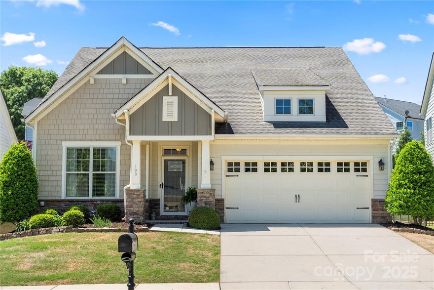 This popular craftsman style home has a first floor owner's suite and features a luxury owner's bath with soaking tub, study with french doors, corner fireplace in great room, gourmet kitchen with huge island, granite counters and light filled breakfast area.  Beautiful hardwood floors flow throughout the first floor!  The second floor features an open loft and two spacious bedrooms with walk-in closets.  Home was freshly painted in 2024, new carpet in owner's suite with large walk-in closet, his and hers sinks as well as a coffered ceiling!  Home has been meticulously maintained and only one owner.