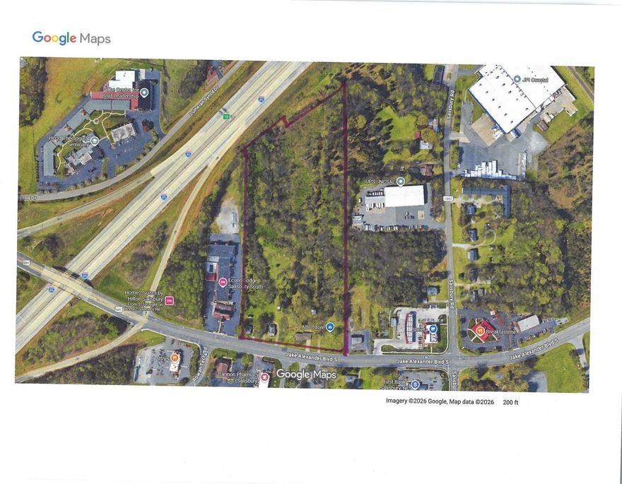 10.71 Acres | Zoned CMX | High-Visibility Location

Unlock the potential of one of Salisbury’s most rare and highly visible commercial development sites. Strategically positioned along I-85 with exceptional exposure and access, this property is ideal for investors, developers, and national brands seeking a prime foothold between Charlotte and Greensboro.

PROPERTY HIGHLIGHTS

±10.71 Acres of developable land
Zoned CMX (Commercial Mixed-Use) – flexible for a wide range of uses
406’ Frontage on Jake Alexander Blvd
Direct Visibility from I-85 – excellent exposure to highway traffic
AADT: 20,500 vehicles per day
Located in the heart of Salisbury’s commercial corridor

LOCATION ADVANTAGES

Centrally located between Charlotte, NC and Greensboro, NC
Approx. 45 miles to Charlotte Douglas International Airport
Easy access to major transportation routes, retail, and business hubs
DEVELOPMENT POTENTIAL
This property offers exceptional flexibility and strong upside for a variety of commercial uses, including:

Hotel / Hospitality
Restaurants (multiple pad sites)
Retail / Mixed-Use Development
Service Businesses

Owner has conceptual plans (plat) showing a hotel and two restaurant sites, demonstrating the site’s strong development viability.
RARE OPPORTUNITY
Large, visible, and commercially zoned tracts like this are increasingly hard to find in Salisbury. Whether you're expanding your portfolio or planning your next flagship location, this property delivers location, exposure, and scalability.