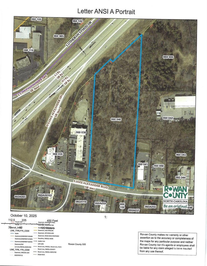 Very rare developable land in Salisbury Centered between Charlotte and Greensboro NC. 45 Mi. to Charlotte airport.  540' visible from I-85 and 406' frontage on Jake Alexander Blvd. with AADT of 20500. With many opportunities for development.  Owner has a plat with a hotel and two restraints as possible uses. (see attachments)