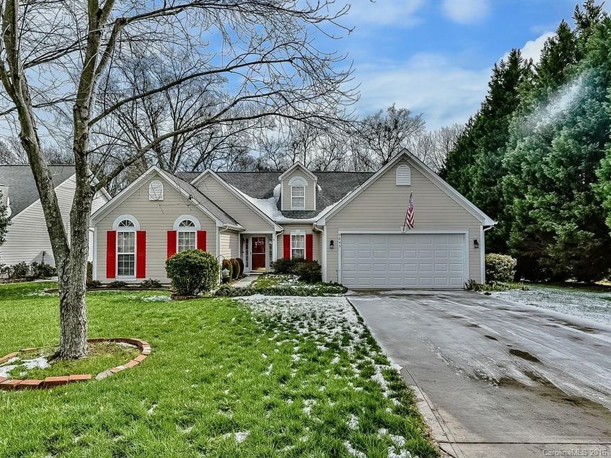 Lovely open ranch plan with vaulted ceilings!   Beautifully maintained and tons of improvements!  Huge great room ~ white kitchen w/lots of cabinets & cozy breakfast area ~ split bedroom plan ~  bedroom  #4 has pocket doors and makes a great office/den ~  large deck with Trex decking overlooks flat, fenced back yard ~ recent roof, HVAC, H20 heater and much more!  Easy access to I-485, and close to shopping, dining, entertainment & Premium Outlets!