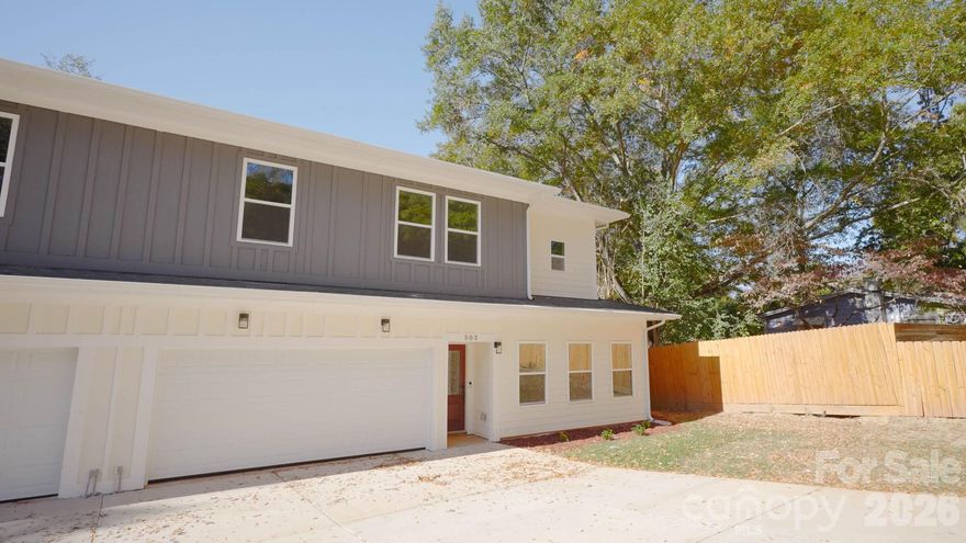 Brand-new duplex townhome near Hwy 77 and 485! Each end-unit offers 1,806 SQFT with an open layout. The chef-inspired kitchen includes 42" shaker cabinets, quartz countertops, stainless steel appliances, a large island, and ample storage—beautifully balancing style and function.premium LVP flooring. Features include Hardie siding, a 2-car garage per unit, and a concrete driveway. No HOA. Ideal for owner-occupants or investors. Minutes to South End, Uptown, CLT Airport, major highways, shopping, and dining. Move-in read. Upstairs, you'll find well-appointed bedrooms, generous closet space, and spa-style tiled showers in the bathrooms. The thoughtful floorplan provides privacy between rooms.
