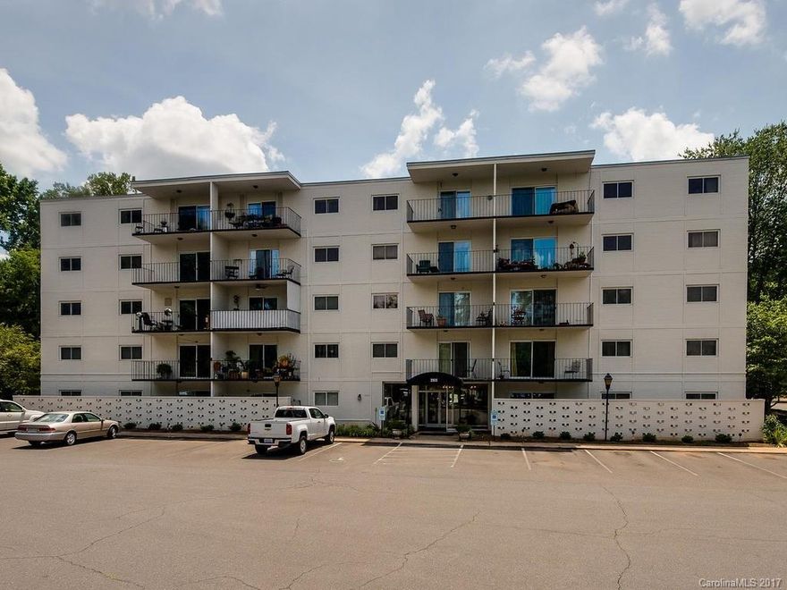 Adjacent to Myers Park CC, in the middle of Myers Park, Country Club Arms is a fabulous location.  Over 1,600 SF, with 2 BRs/2.1 BAs, it's tough to find a better deal in Myers Park.  This top floor unit was created by combining two condos, a two-bedroom, and a one-bedroom.  Large open floor plan with Bedrooms at either end allows for privacy.  There's even room for a stackable W/D which is included.  Lg Double-Porch has a view of the MPCC Golf Course, and the tree-lined streets of Myers Park.