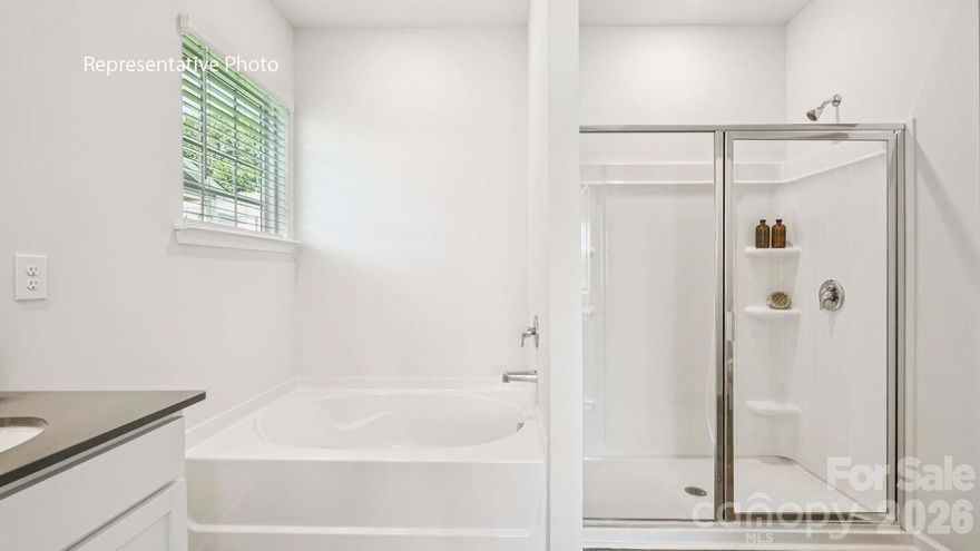 The Cali’s spacious and modern single-story home design is highly sought after for its open-concept layout and effortless flow. This beautiful home features four bedrooms, two bathrooms, and a two-car garage. As you enter, an inviting foyer welcomes you and leads directly into the heart of the home—an open and airy kitchen, living room, and dining area. The kitchen is equipped with stainless steel appliances, a large island with a breakfast bar, and a corner walk-in pantry, making it perfectly suited for both everyday living and entertaining guests. Inside, you’ll also find elegant touches such as an electric fireplace, 36" kitchen cabinets with molding, quartz countertops, subway kitchen backsplash. This home also offers a spacious primary suite complete with a walk-in closet and a private bathroom featuring a dual sink vanity. The additional three bedrooms are located on the front side of the home, providing privacy and comfort for family members or guests. At the rear of the home, a covered porch creates the perfect space for outdoor entertaining or relaxing evenings. The exterior of the home showcases James Hardie board siding with vibrant colors, adding lasting curb appeal and charm. The community offers resort-style pool amenities and is conveniently located within walking distance to local schools. Surrounded by a beautiful tree line, this neighborhood provides a peaceful and scenic setting with well-spaced homes for added privacy. This home is an incredible value, offering all the benefits of new construction along with a “Home Is Connected” smart package that enhances everyday living. Combining comfort, style, and functionality, this home is ready to welcome its new owners.