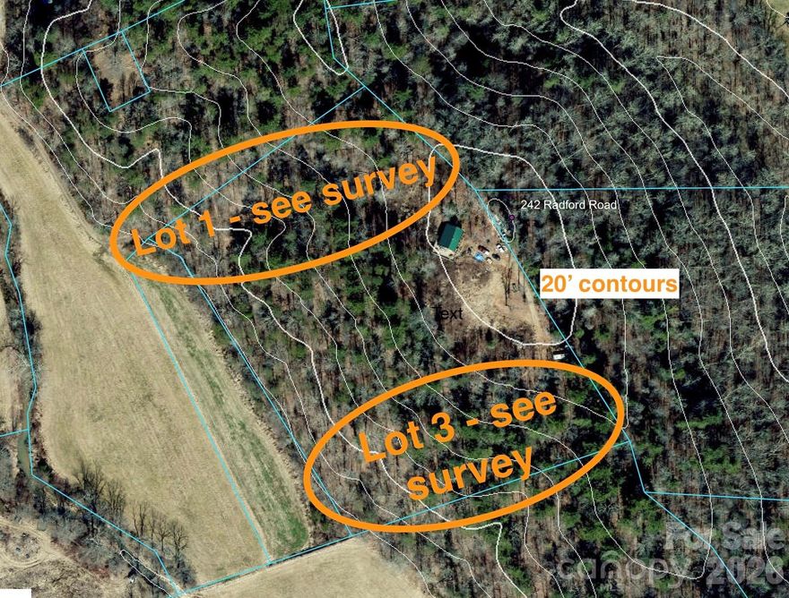 Veer off California Cr Rd down private Radford Rd stay between two small sheds and meander along flat road next to long grassy meadow and end at seller's gate on left. Lot 1 begins at the gate and sits to the left of the road and Lot 3 further down as road begins to bend left. Lot 1 2.16 acres. Lots of opportunity for privacy, trees and near mountain views.  Topography is sloping with near mountain winter views. Great, easy access to I-26, Mars Hill, Hatley Point, Burnsville, Asheville. Seller retaining interior 4.00 acres and selling off side parcels (Lot 1 & 3). Seller to restrict: no mobiles, one house per lot and shared road maintenance.