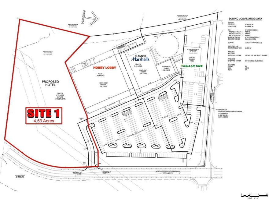 Parcel #1 of four outparcels within the Northridge Commons Shopping Center.  This site is 4.53 acres adjacent to the recently developed Hobby Lobby, Marshalls, and Dollar General.  Northridge Commons also is supported by numerous nationally branded anchor tenants including Lowes, Walmart Supercenter, Sonic, and Gamestop.  Access is immediately off of I-26 with a traffic count of 50,000+ via Weaver Blvd with a traffic count of 18,904.  Site #1 would be ideal for a hotel or other commercial development. New adjacent DR Horton Community breaking ground with 296 apartments, 172 Single Family and Townhomes, and 100 Casitas.