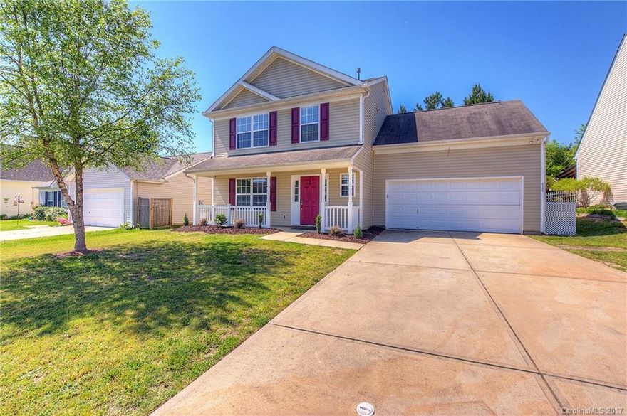 Well maintained 3 bedroom home + bonus room with many upgrades.  Fireplace with built-ins in family rm. Hardwoods through-out main floor.  White painted cabinets in kitchen & work island with granite top. Neutral colors throughout. Tile in bathrooms, owner's bath has dual vanity + sep. shower/garden tub. Private backyard with covered deck/ceiling fan, 6' privacy fence w/ 2 gates & storage building stays!  Convenient location to Lake Wylie, Gastonia, Clover.  Award Winning Clover School District.