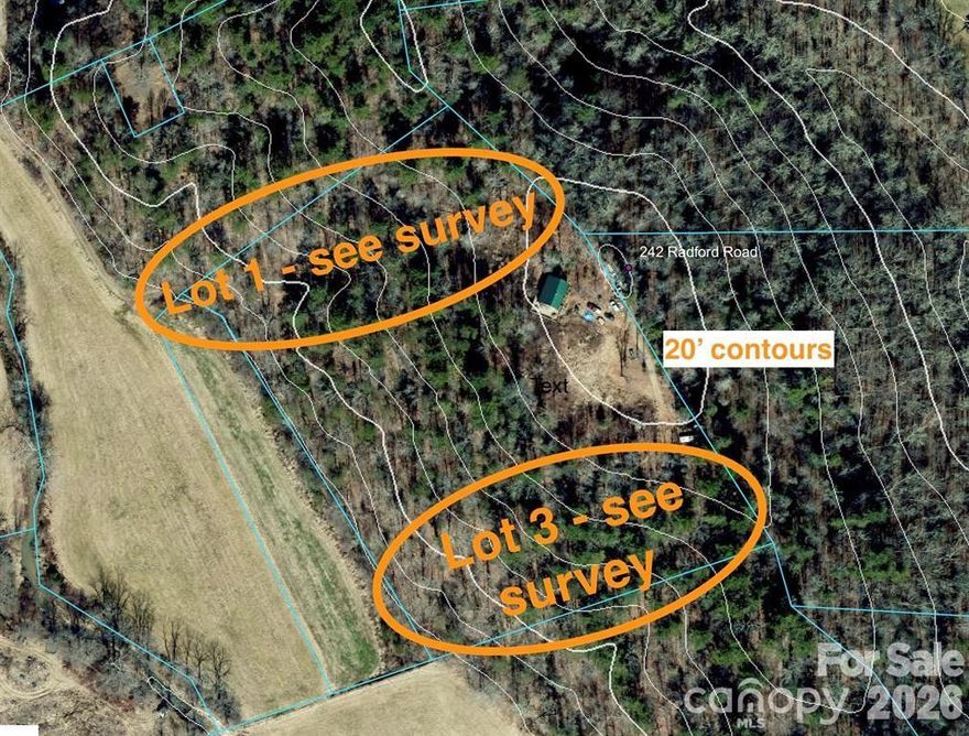 Veer off California Cr Rd down private Radford Rd stay between two small sheds and meander along flat road next to long grassy meadow and end at seller's gate on left. Lot 1 begins at the gate and sits to the left of the road and Lot 3 further down as road begins to bend left. Lot 3 2.00 acres. Lots of opportunity for privacy, trees and near mountain views.  Topography is sloping with near mountain winter views. Great, easy access to I-26, Mars Hill, Hatley Point, Burnsville, Asheville. Seller retaining interior 4.00 acres and selling off side parcels (Lot 1 & 3). Seller to restrict: no mobiles, one house per lot and shared road maintenance.