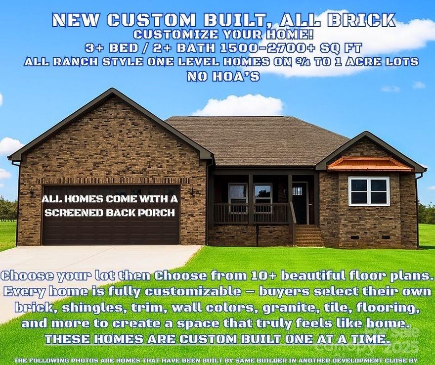 If you are wanting a new construction home, you MUST SEE THESE HOMES located In the Heart of Lincoln County!! – Your Custom Brick Home Masterpiece Awaits! Welcome to one of Lincoln County’s newest established subdivisions, ONLY 2 spacious lots and over 10 customizable floor plans. Here, you choose every detail—from brick and shingle colors to interior finishes—making each home a one-of-a-kind retreat designed just for you. These all-brick homes combine thoughtful design, comfortable luxury, and meticulous craftsmanship. Step inside and enjoy an open-concept layout that flows seamlessly between living spaces, perfect for everyday living and entertaining. The chef-inspired kitchen boasts modern appliances, generous counter space, and tasteful finishes—truly the heart of the home. Relax on your screened-in back porch, where scenic views and fresh country air create the perfect setting to unwind after a long day. Located in the rolling landscapes of Lincoln County, this community blends peaceful living with convenience. Just minutes from Downtown Lincolnton and Cherryville, 15–20 minutes to Hickory, Gastonia, Lake Norman is about 30 minutes, approximately 45 minutes to Charlotte—you’ll have easy access to everything while enjoying the charm of country living. Every home here is more than just a house—it’s your vision brought to life. This home is to be built however; you can pick out any of the 10 floor plans and customize your home to your own taste.  Choose your colors of brick, trim, gutters, tile, floors, wall color, backsplash, granite countertops, etc...
THE DEVELOPMENT IS SO NEW IT DOES NOT SHOW UP IN GPS.  TO GET HERE FROM LINCOLNTON, TRAVEL WEST ON HWY 27 FOR ABOUT 7 MILES.  TURN RIGHT ONTO CATSQUARE RD (RIGHT AT WEST LINCOLN HIGH) GO ABOUT 1/2 MILE AND YOU WILL SEE THE OTHER NEW HOMES.  TURN RIGHT ONTO GRIGG RD THEN INTO THE CUL-DE-SAC