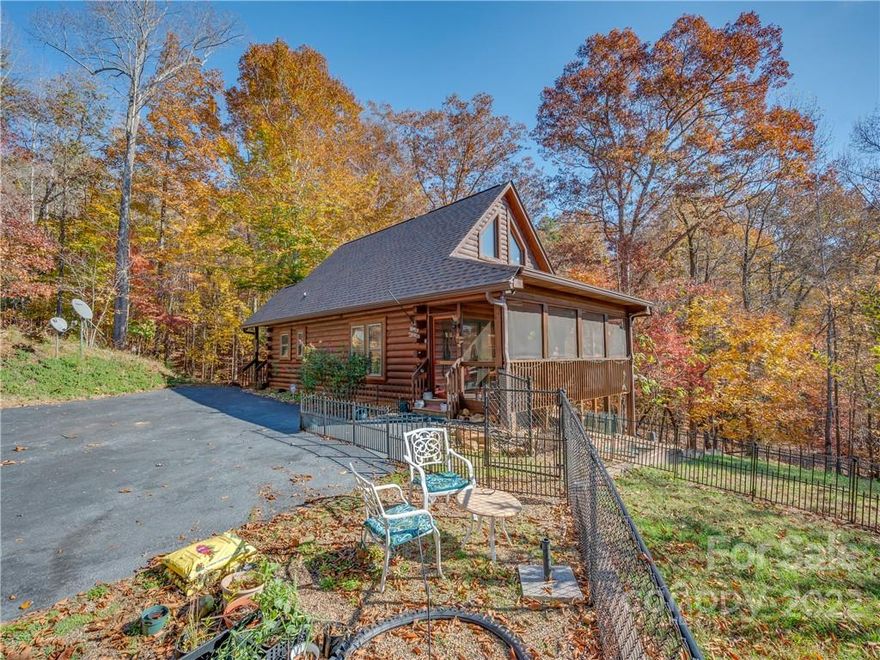 Custom Lakeside Bldrs log cabin on 3 wooded acres in the gated Green River Highlands Community A new shingled roof was installed in Oct 2020 and the entire exterior was stained in April 2023. There is a 220 sq ft. work/storage shed. Screened in porch overlooks immense fenced yard with fruit trees, garden and fire pit. Step inside to vaulted pine ceiling with Natural Stone Fireplace in Great room, hickory engineered wood flooring continue through kitchen. Stainless steel appliances feature a propane gas range and wine cooler. Main bedroom with ensuite and custom walk-in closet. Two guest rooms, full bath and family room in basement. This charming rustic retreat is 2 miles from the Tryon International Equestrian Center! Not currently a rental property but STRs are allowed in the neighborhood! Just minutes to shopping, restaurants, local wineries and breweries.