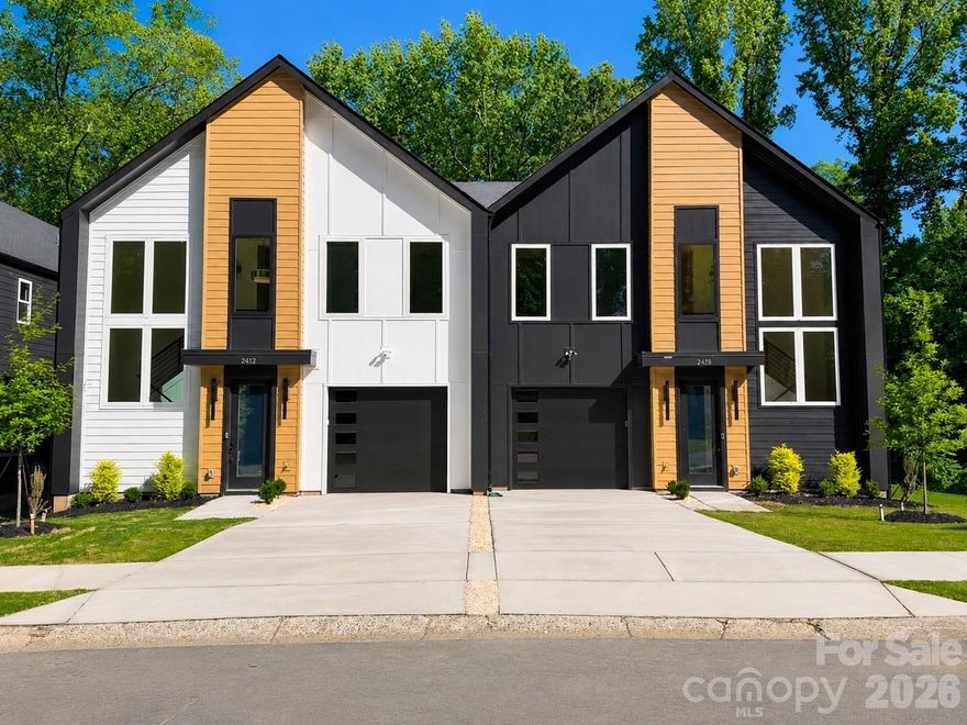 NOT all Charlotte townhomes are created equal, and 2412 Crestview Drive makes that clear from the moment you arrive. Tucked within an exclusive community of just six Duet-style homes, this address offers something increasingly rare in the city: genuine privacy. A protected tree save wraps the rear of the property, giving you a natural backdrop that buffers the noise, softens the view, and creates the kind of quiet that most in-town buyers have stopped expecting. WHAT sets this home apart goes beyond the setting. Built by Madison-Simmons Homes, a local Charlotte builder with deep roots in the community and a hands-on approach to quality that shows in every detail, this isn't production builder standard. The craftsmanship is intentional, the finishes are elevated, and the difference is something you feel the moment you walk through the door. INSIDE, the 2,317 sq ft Crestview Plan offers three bedrooms plus a dedicated office, two and a half baths, and an open-concept main living area anchored by a chef-inspired kitchen with a generous quartz island and tray ceilings overhead. Premium Revwood flooring runs through the main level, and every finish was chosen with longevity and livability in mind. UPSTAIRS, the primary suite is a genuine retreat. Spacious and serene, it features a spa-inspired ensuite with an oversized shower and upscale finishes that turn a nightly routine into something worth savoring. OUTSIDE, a private deck looks out over the trees, a covered patio sits below, and an attached one-car garage adds everyday convenience. Andersen soundproof windows throughout keep the outside world where it belongs. ALL of this, minutes from Uptown Charlotte, South End, and easy access to I-85. Homes in this community are selling. Schedule your showing today.