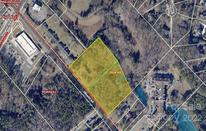 Investment/Development opportunity with this 6.09 acres of level land in a prime growth area. The property offers 617' of frontage along Idlewild Rd. with city water and a deeded ROW for a nearby Sewer connection.  Located just east of the commercial developments (Harris Teeter & Lidl) at the intersection of Idlewild & Margaret Wallace, just west of the Willow Grove retirement community and across from the planned Arden at Matthews 55+ community. The land adjacent to the back of this tract is zoned conditional Office/Apts. Mint Hill's new land use plan labels property for Mixed Use Residential.  The current zoning is residential. However, there is strong growth along this corridor. Adjacent lot-9909 Idlewild Rd with a dwelling is included in this offering.  The home is tenant occupied. Do not disturb tenants.  Cross marketed as a residential property -MLS#3573949-  Property sold "As Is"  value is in the land.  Contact the listing agent for additional details.