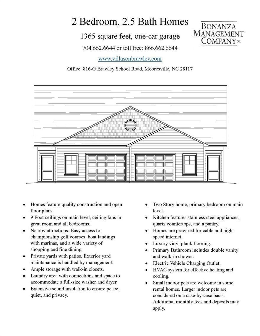 New Villa Home, located on Brawley Peninsula. Rent rate $1995/month w/ free second month. Features include great room, kitchen/dining, 2BR, 2.5BA. Primary BR located on the main level with large 2nd BR/bonus room & bath located upstairs. Features 1 car garage, EV charging outlet, LVP flooring, & patio with grill area. Kitchen with dishwasher, side by side refrigerator/freezer, ice maker, range, microwave and pantry and separate office area. Quartz countertops and SS appliances. Primary bath has double vanity, step-in shower. Second bath large soaking tub. Walk in closets w/lots of storage. Heating/cooling high efficiency electric heat pump. Pets allowed, breed/weight restrictions & additional fees. Non-smoking Property. Located near golf courses, wellness facilities, grocery, shopping. Boat stg nearby for residents based on availability w/lake access points & marinas located on the peninsula a short drive away Pictures are of a similar property.