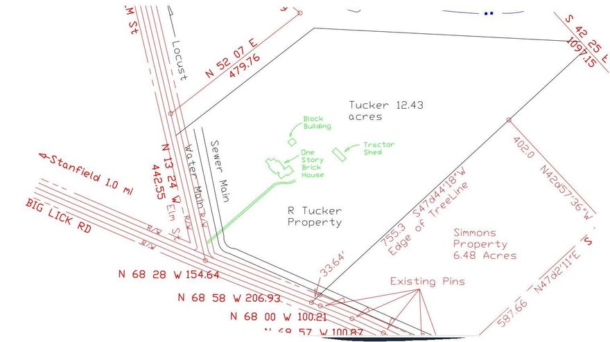 EXCELLENT LOCATION FOR YOUR NEW BUSINESS.  12.43+/- acres plus brick house built in 1940..  This 12.43+/- acres will to be surveyed out of the larger parcel.  1,790 Sq foot House being sold in "AS IS" condition and at no value.   Value is in the land. Land is located outside city of Stanfield. Corner of Elm Street and Big Lick Roads.  Owner feels it would be an excellent location for business such as Convenient Store, gas station, or the business of your choosing. Land would need to rezoned for commercial if used for that purpose.  PLEASE DO NOT GO ONTO PROPERTY WITHOUT AN APPOINTMENT.  Public water and sewer runs by property.  Will need approval from City of Stanfield to connect and will require payment of tap fees.  Also 3 phase electric is available at road.  SEE ATTACHED MAP DRAWING THAT SHOWS ACREAGE TO BE SURVEYED OUT OF WHOLE PARCEL.   AGAIN, PLEASE DO NOT GO ON PROPERTY WITHOUT AN APPOINTMENT.  NO SIGN.  THANK YOU FOR YOUR INTEREST.