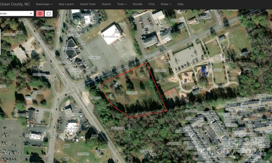 Development opportunity in in high traffic location in Stallings with convenient access to I-485 and Hwy 74, both less than 1.5 miles away. +/-400 ft of road frontage on Stallings Rd. Water and sewer available subject to capacity. Town of Stallings Town Center zoning allows for a wide variety of uses.