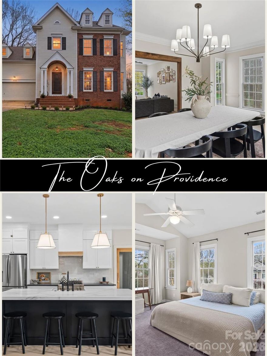 Designer style and finishes will delight throughout this thoughtfully refreshed home featuring beautiful white oak engineered wood floors across the main level. The layout offers a balanced blend of open-flow living with intentional separation of spaces, including a defined foyer and dining room.
The chef’s kitchen has been completely updated with cabinetry to the ceiling, an oversized waterfall quartz island, farmhouse sink, and Zline gas range. A coffee bar in the breakfast area features a soapstone-look quartz countertop, while the adjoining light-filled nook overlooks the backyard, creating the perfect spot for morning coffee or casual meals. Designer hardware and fixtures from Rejuvenation Hardware, Crate & Barrel and more carry a cohesive, elevated aesthetic throughout the home.
A mudroom/drop zone was added from the garage, offering a functional and organized everyday entry, while a thoughtfully designed laundry area tucked under the stairs maximizes space without sacrificing style.
All bedrooms are located upstairs, including an oversized primary retreat with a vaulted ceiling and abundant natural light. The en-suite bath features dual vanities, a soaking tub, and a separate shower. Two secondary bedrooms offer flexibility for guest space, office, or additional living needs, while the bonus room with vaulted ceilings can function as a fourth bedroom, media room, or play space.
Bathrooms have been refreshed with new tile and fixtures, including a well-designed powder room that makes an impression despite its size, creating a clean, cohesive look throughout.
Recent system updates include furnaces replaced in 2024 and 2026, a central air unit replaced in 2024, and a 2026 garage door motor.
Situated on a spacious corner lot with a recently built wood privacy fence and enhanced landscaping, the backyard offers space to gather, play, or unwind, with room for a fire pit, entertaining, or simply enjoying the outdoors.
The Oaks on Providence is a quiet, established community with no HOA, located less than five minutes from downtown Waxhaw’s local shops, dining, parks, and community events