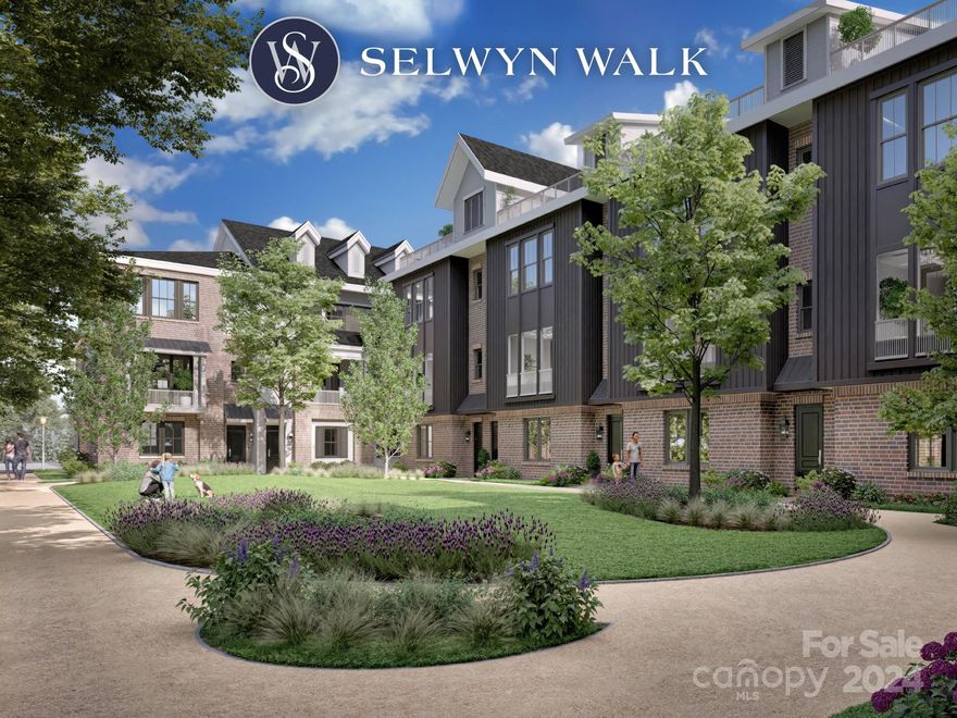 Only 1 home left at Selwyn Walk! This end unit 5 bedroom home features an expansive rooftop terrace and covered balcony off the living room overlooking the beautiful community courtyard.  Experience luxury living at Selwyn Walk. Nestled among the treetops of Myers Park, this intimate 34-townhome community offers homes with premier access & walkability to your favorite destinations. Exquisite interiors and fine finishes flow seamlessly across open-concept floor plans. Design packages, thoughtfully curated by Black Dove Interiors, include gorgeous detailing and upgrades to complement your personal style. Inspired by the surrounding neighborhood, Selwyn Walk’s architecture mingles brick and elevated lighting along charming facades and individually laid paver streets. To honor the history of this site, Goode Properties and Cluck Design Collaborative lovingly saved craftsman-style stained glass windows to incorporate into the development.