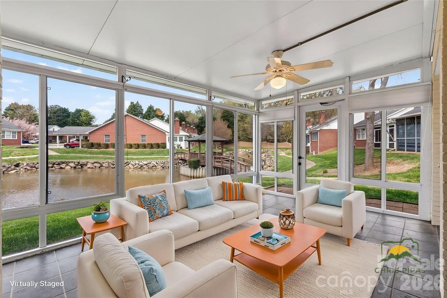 *Seller offering 3k towards closing costs! Tucked away from downtown Cornelius but with easy access to shopping, dining, and main roads, this charming end-unit patio home is located in a quiet 55+ community with sidewalks, a scenic pond, pool, and clubhouse. The home offers 2 bedrooms and 2 full baths, a designated dining room, and a fully glassed-in sunroom overlooking the peaceful pond. A perfect spot to relax and enjoy the view. The larger end-unit layout brings in great natural light and a warm, comfortable feel throughout. HVAC (2017)and water heater (2014). Washer/dryer and refrigerator convey.