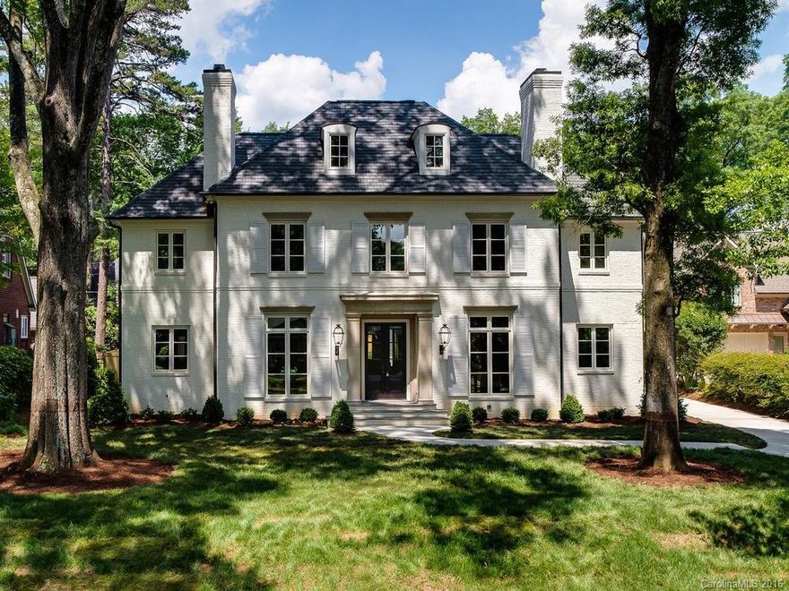 Stunning, Frank Smith designed, move-in ready, new construction home in Myers Park. Over 6,000 heated SF, all on just two levels, with master bedroom on 1st floor, 10-ft plus ceilings downstairs, 2-car attached rear load garage with private guest suite (6th bedroom) above, and an oversized veranda with outdoor fireplace overlooking the large, flat, back yard. All interior selections by Kim Mauney Interiors.