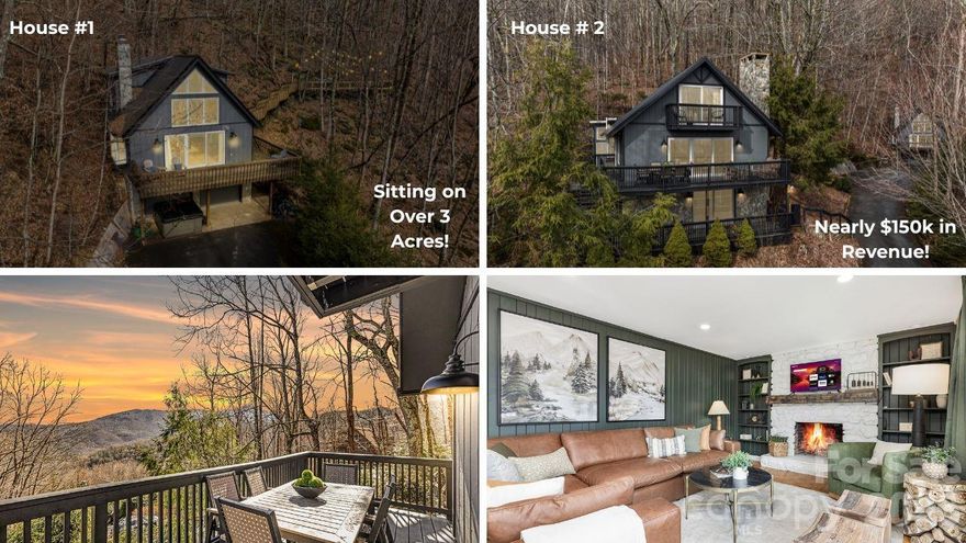 A rare opportunity to own two mountain homes with nearly $150k in Revenue on a huge 3-acre parcel in the heart of Seven Devils, offering versatility, privacy, and breathtaking long-range mountain views. Currently operating as a successful short-term rental, this unique property could be great for investors, second-home buyers, or those seeking a true mountain retreat with income potential. The main residence welcomes you with a spacious, light-filled layout designed for both comfort and entertaining. Highlights include a generous primary suite, two additional guest bedrooms, a dedicated office, and a well-appointed kitchen filled with natural light, great for gathering with family and friends. The inviting living room features a striking stone fireplace and opens to multiple decks, creating seamless indoor-outdoor living and spectacular mountain scenery. A dog run and multiple outdoor spaces further enhance the home’s functionality and appeal. Just across the property, the charming A-frame guest cottage offers a peaceful escape of its own. Vaulted ceilings, a grand stone fireplace, and an open loft sleeping area create a cozy yet dramatic setting, complemented by a full bath and additional flex or office space. A large secluded viewing deck surrounded by natural mountain boulders provides a serene place to relax and take in the surrounding beauty. This exceptional property offers endless possibilities, live in one home while renting the other, maintain both as short-term rentals, create an in-law or guest retreat, or establish an epic family compound. With unmatched flexibility, stunning views, and proven rental appeal, this Seven Devils property is a truly special opportunity! Total bedroom count between both homes is 5 Bedrooms however, the main home lower level 4th bedroom does not have a window but has a closet and ensuite bathroom. The 2nd home has a loft style bedroom.