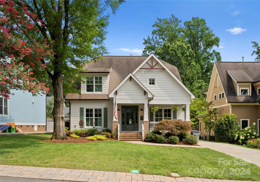 Traditional 2 story home built in 2012 in the heart of Dilworth. High ceilings, beautiful moldings, and hardwoods throughout main. Rocking chair front porch, Bright center foyer, office w/french doors, formal dining w/wainscoting, Butler's pantry w/wine fridge, granite counters, glass display cabinets, walk-in pantry & drop zone. Great room w/gas FP, & built-ins that adjoins a gorgeous kitchen and eat-in breakfast area. Laundry room w/sink and storage cabinets. Primary suite is located on the main level and has his and her walk-in closets. The bathroom features a soaking tub, large vanity with two sinks, & standing tile shower. The upper level has three bedrooms, each with walk-in closets & bathroom access, as well as a large bonus room. Gorgeous covered porch and 2nd outdoor living space with wood burning stone FP is the perfect space for entertaining outdoors. 2-car detached garage & private drive. Convenient to retail, Freedom Park, hospitals, & Uptown.