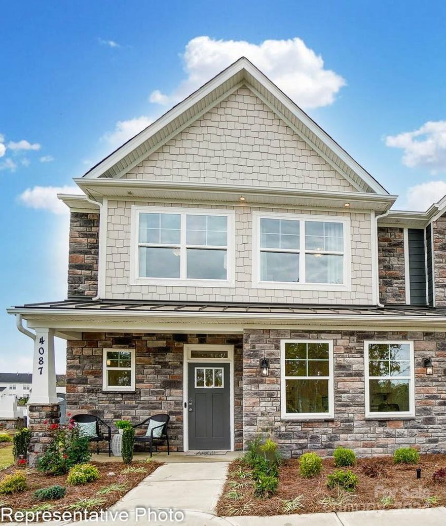 Proud to be named 2023 Builder of the Year, by the Home Building Association of Greater Charlotte! This 3-bedroom/2.5 bath end unit Cary plan features the primary suite on the main level, along with an open kitchen and dining area. The primary bath has a double-bowl vanity and a tiled shower with bench seat. The beautiful kitchen has white cabinets, white quartz countertops, and stainless steel appliances including a gas range, microwave and dishwasher. Beautiful and durable EVP flooring runs throughout the main living areas. The upper floor has three bedrooms, a full bath, a loft, and a finished storage room/bonus room. This home has a covered rear porch and a privacy fence between rear yards. Pool & Cabana, Dog park, playground, & paved walking trail now open!