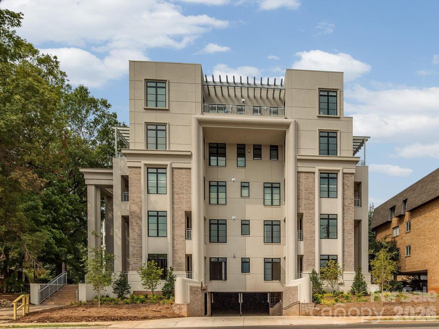 Amazing opportunity for a luxury residence in the heart of Myers Park. This full floor unit is accessible through a private elevator shared with only 5 homeowners and goes directly from the secured underground parking directly into this custom fourth floor unit. Penthouse style living features high ceilings, hardwood floors, designer lighting and cabinetry and a linear fireplace. Gourmet kitchen with Sub-Zero refrigerator, Wolf range and oversized island open to spacious great room. Walk-in pantry with additional wine refrigerator. Private terrace off large dining room has gas line for grilling. Primary suite with private terrace and ensuite bath with large walk-in shower and soaking tub. Two additional bedrooms with ensuite baths. Entire home is on Control4; Video, audio, lighting and shades. This unit is deeded three parking spaces and a storage closet. Easy access to shops, retail, restaurant and parks.