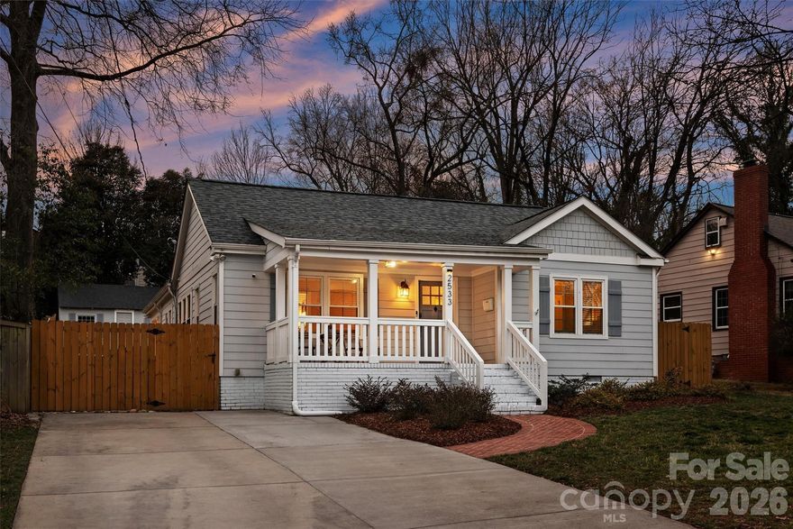 A charming, thoughtfully updated bungalow nestled in the heart of Midwood. Inside, an open-concept, light-filled layout showcases hardwood floors throughout and a modern kitchen with stylish updates, perfect for both everyday living and entertaining. The generous primary suite features a walk-in closet and a beautifully appointed en-suite bath. Notable updates include a new roof with extended warranty, widened driveway, updated guest bath, and enhanced front and rear landscaping. Enjoy exceptional outdoor living with a cozy front porch, covered back porch, designated fire pit area, and expansive fenced yard. Ideally located steps from Midwood Park and just moments from the energy, dining, and boutiques of Plaza Midwood, with easy access to NoDa and Uptown Charlotte.