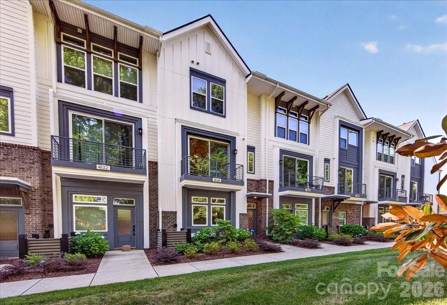 Tucked into a lush, tree-lined setting in one of Charlotte's most beloved and evolving neighborhoods, this spacious 4-story Cotswold townhome offers something truly rare: every bedroom has its own private en-suite bath & walk-in closet. Whether hosting guests or accommodating a growing household, privacy & comfort are built into every floor. The main living level impresses with rich hardwood floors & an open-concept layout centered around a stunning kitchen featuring white 42" cabinetry, quartz countertops, a farmhouse sink, SS gas range, under-cabinet lighting, & a walk-in pantry. Step out onto your private balcony/deck overlooking serene green space, perfect for morning coffee or an evening cocktail. Every bathroom carries the same elevated finish level with quartz counters, white cabinets, & tiled shower surrounds. The lower level welcomes guests with a private suite complete with LVP flooring, full bath, & walk-in closet. Ascend to your rooftop terrace (over 18 feet wide & 11 feet deep) for the ultimate entertaining space above the treetops. Tech-forward touches include prewired CAT5 Ethernet throughout & an Eero Wireless Mesh System on each floor. A 2-car garage with Level 2 Hardwired EV Charging Station plus two additional parking spaces complete the package. Talk about LOCATION?! You're just 0.2 miles from Charlotte Swim & Racquet Club, 1.7 miles from shopping & restaurants at Cotswold Village, under 4 miles from South Park & Plaza Midwood, and only 6.5 miles from Uptown. HOA covers water, sewer, trash, and landscaping, allowing you to spend less time on maintenance & more time enjoying everything Charlotte has to offer!